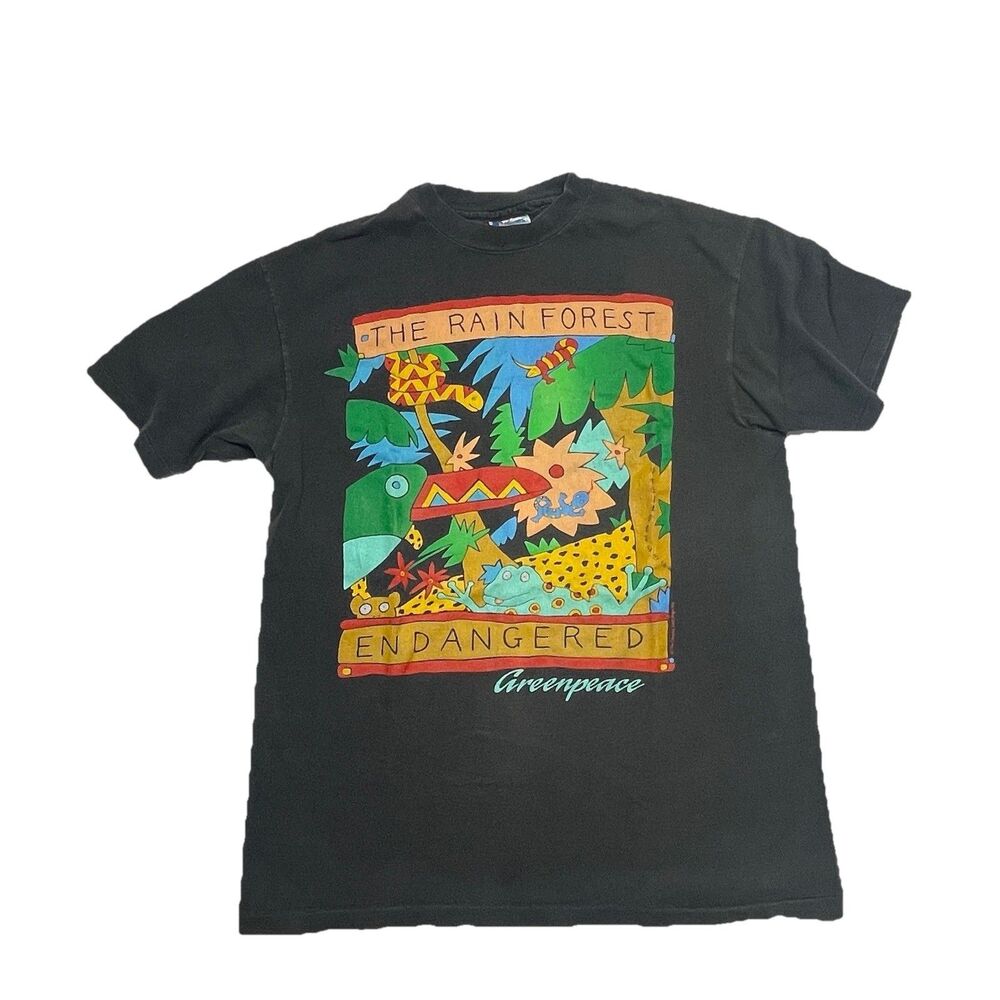 Vintage 1988 LARGE Greenpeace Endangered Rainforest Graphic Tee Hanes Beefy-T